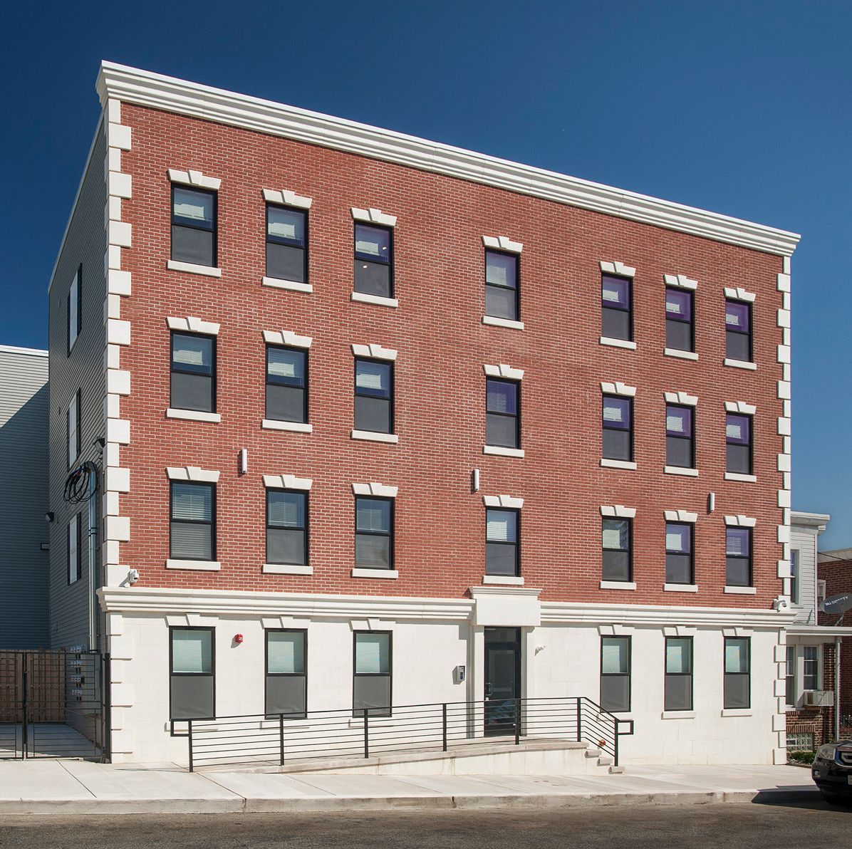 Completed multi-story brick building